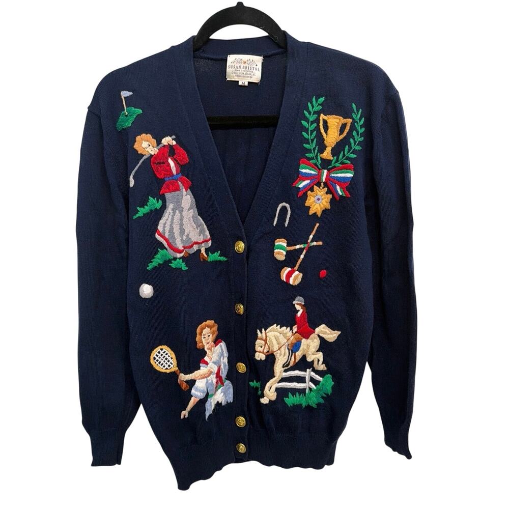 Susan Bristol Vintage 90s Embroidered Women Sports Navy Cardigan Sweater Medium
